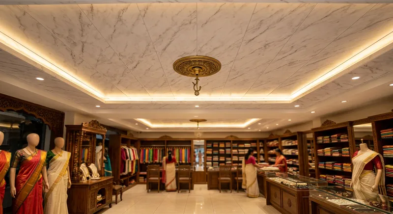 Marble pattern PVC false ceiling with chandelier in a Guruvayur boutique