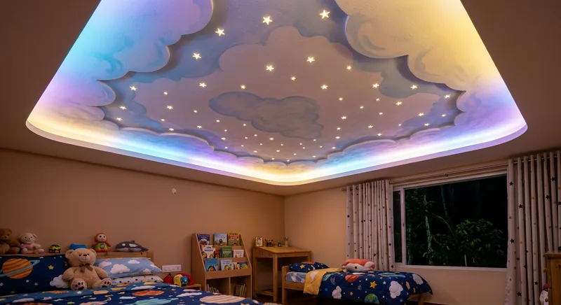 Cloud and star themed kids bedroom false ceiling in Wadakkanchery