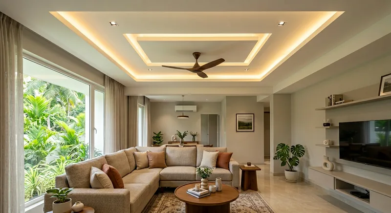 Layered gypsum tray false ceiling with cove lighting in a Punkunnam living room