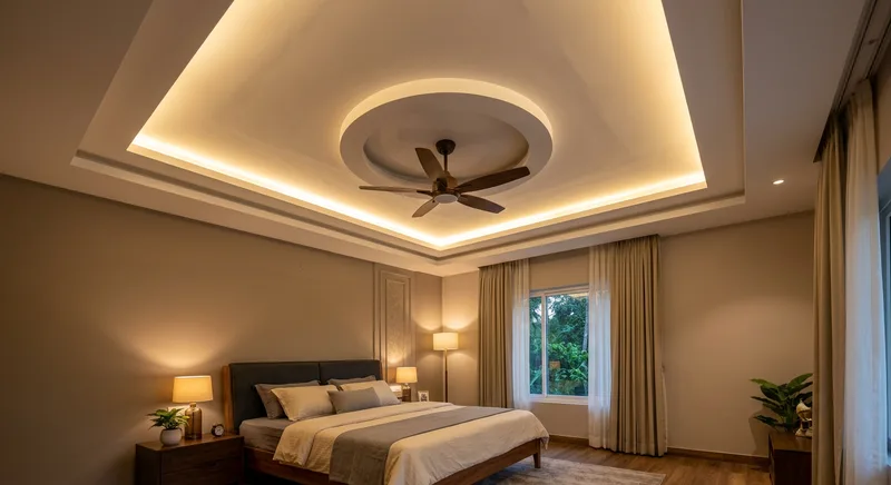 Master bedroom tray false ceiling with fan recess and cove lighting in Ollur