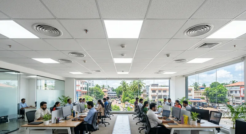 Suspended grid mineral fibre office ceiling at East Fort, Thrissur