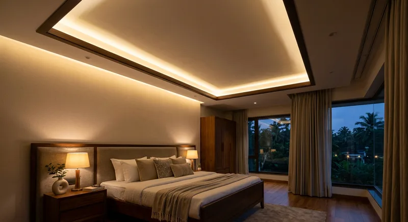 Designer cove lighting with LED strip in a Thrissur master bedroom