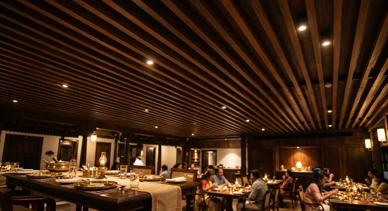 Wooden slat false ceiling with downlights in a Thrissur dining hall
